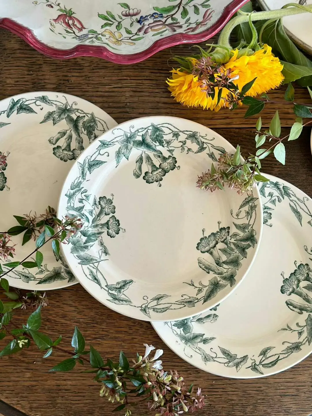 Vintage Creil Montereau Green 'Morning Glory' Dessert Plate, 20 cm