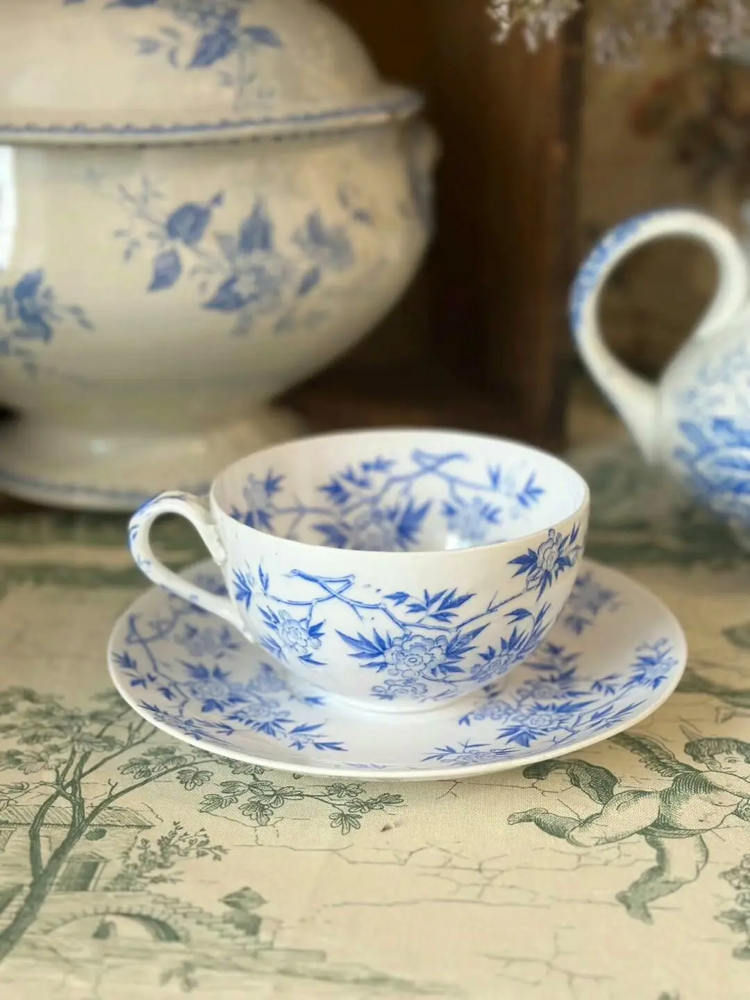 Vintage French Sarreguemines Semi-Hand-Painted Blue Thorn Floral Large Teacup with Saucer
