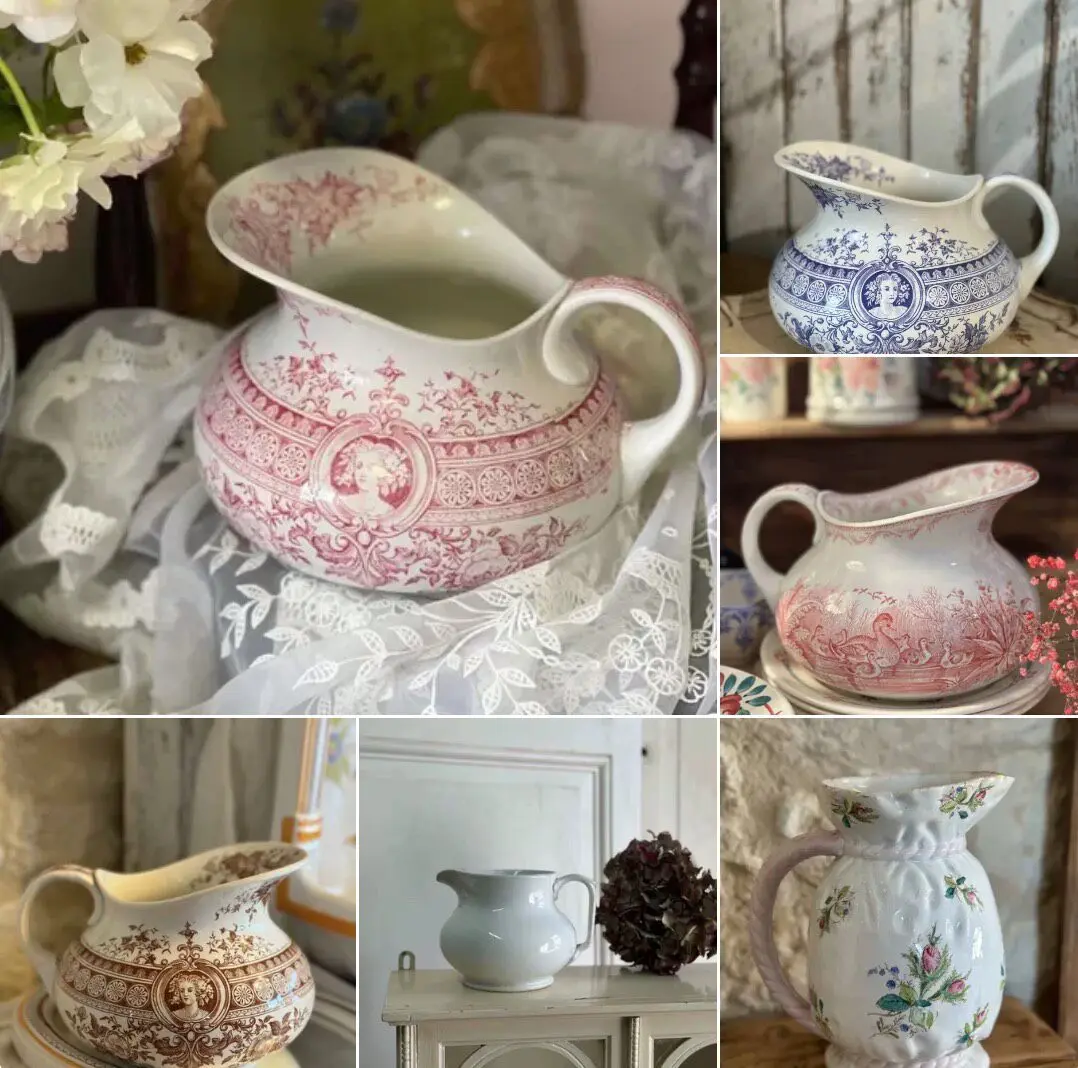 Collection of French Antique Water Jugs and Low Jars