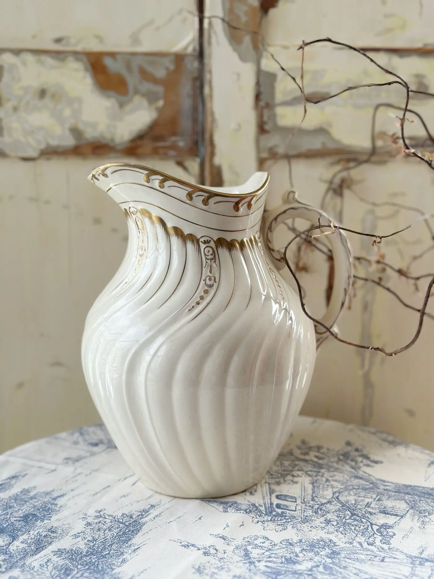 Vintage French Cream-Colored Large Water Pitcher