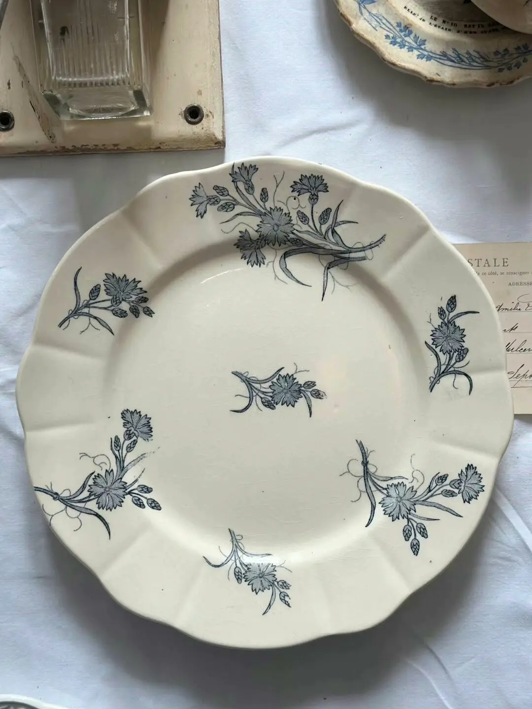 Vintage French Longchamp Blue Bouquet Scalloped Rim Flat Plate, 25 cm