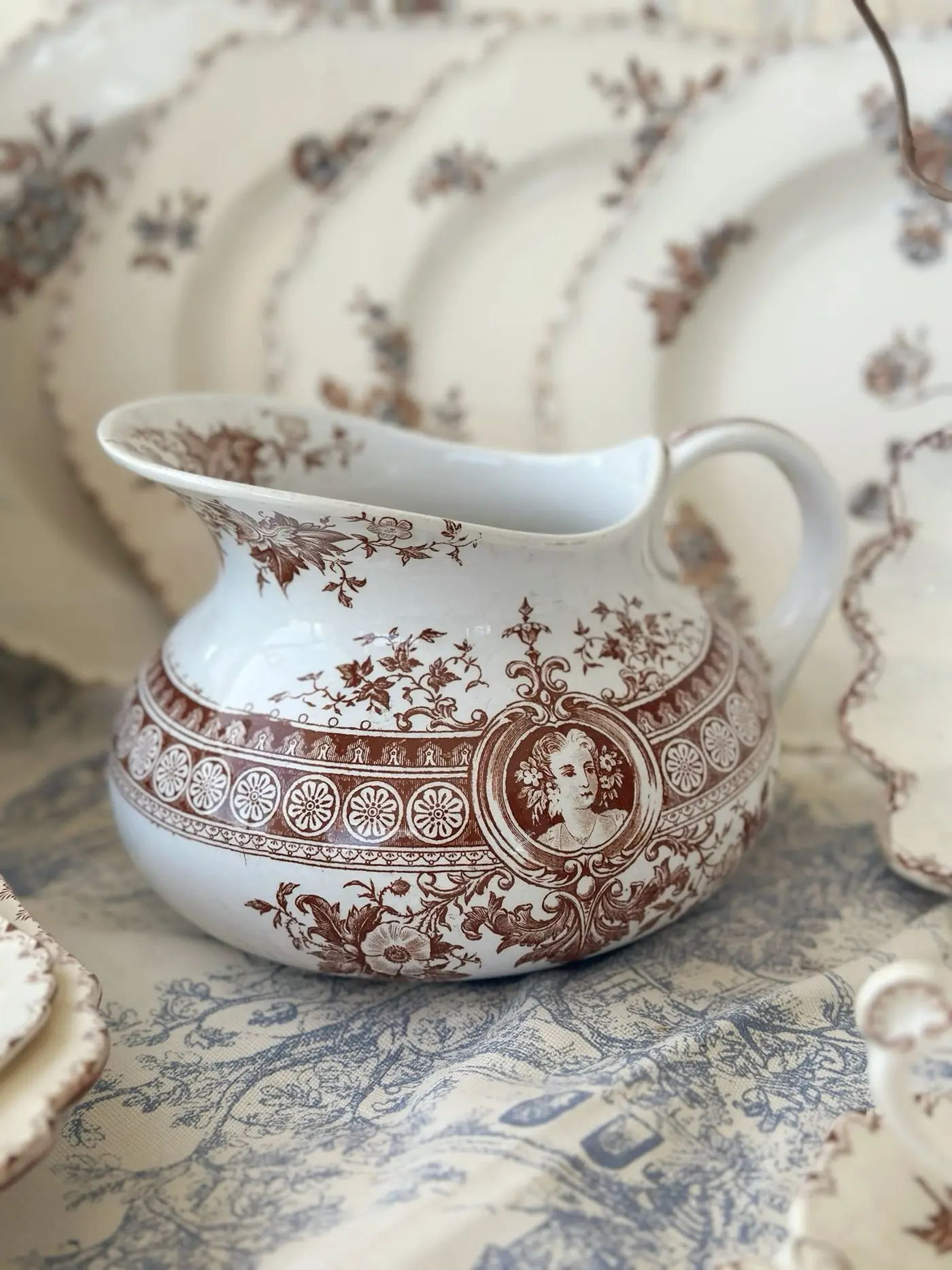 French Vintage Sarreguemines Brown-Glazed Girl Pitcher