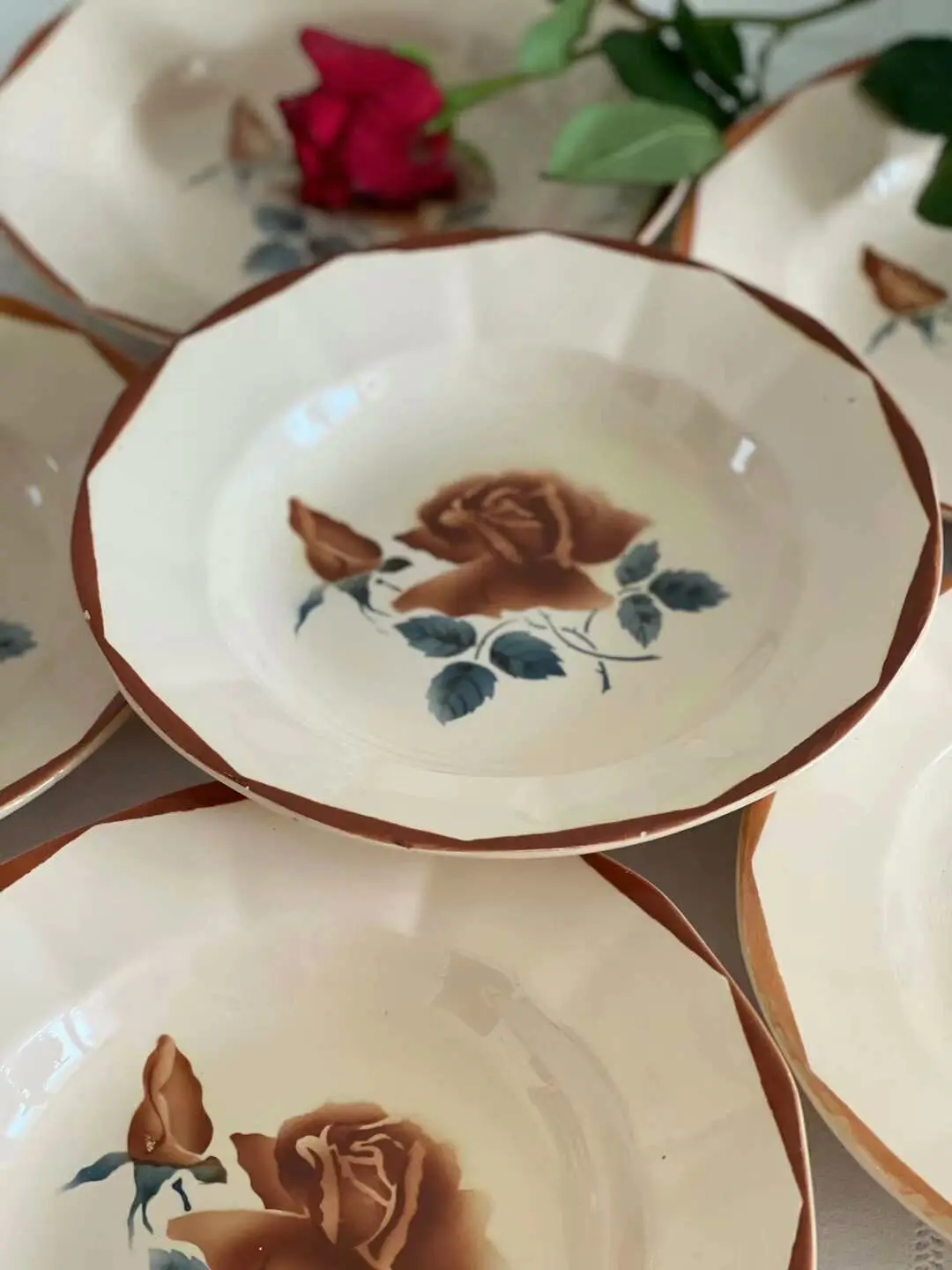 Sarreguemines French Vintage Deep Plate, Cream Ground with Rose Motif, 22.5 cm