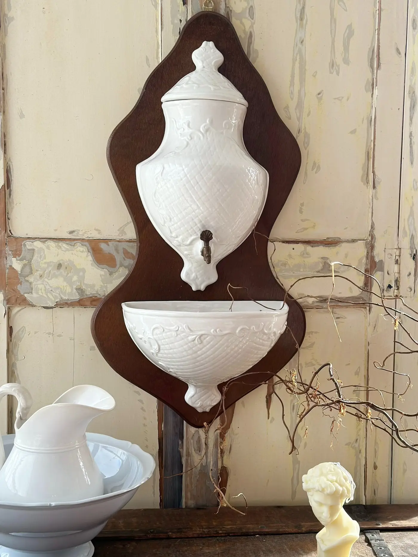 French Vintage White Porcelain Relief Wall Fountain