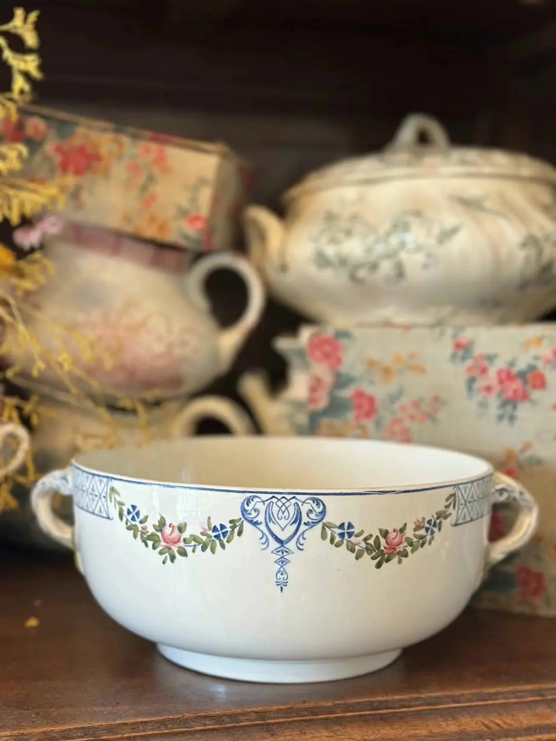 Creil et Montereau Rare Hand-Painted Rose Soup Pot (No Lid)