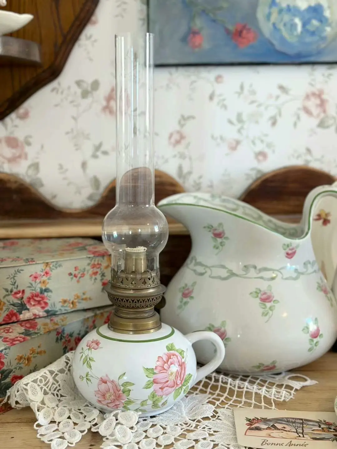 French vintage ceramic floral kerosene lamp