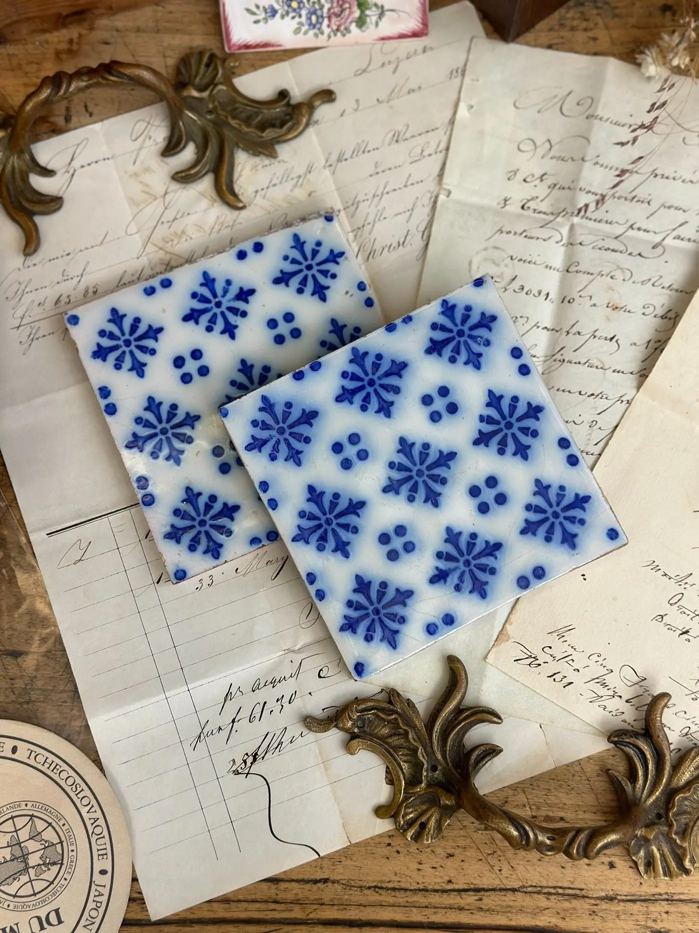 French Antique Decorative Ceramic Tile Ornament