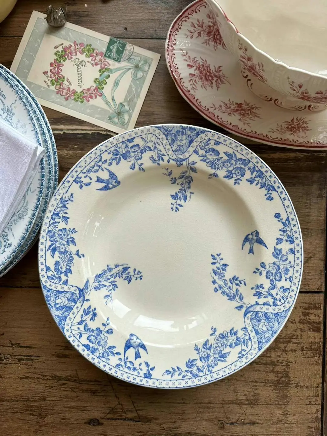 French vintage deep plate with bird motif