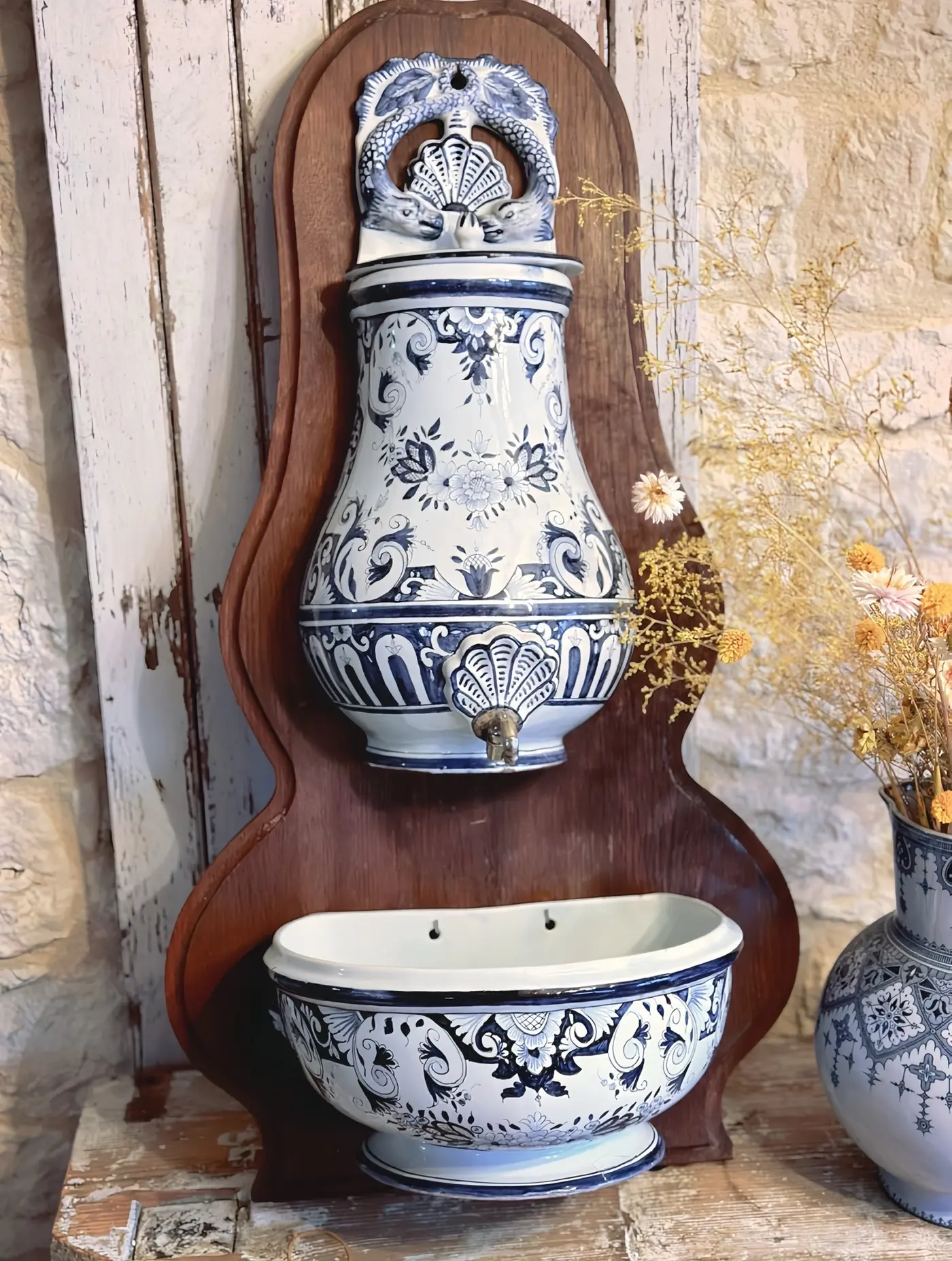 French vintage blue-and-white wall fountain