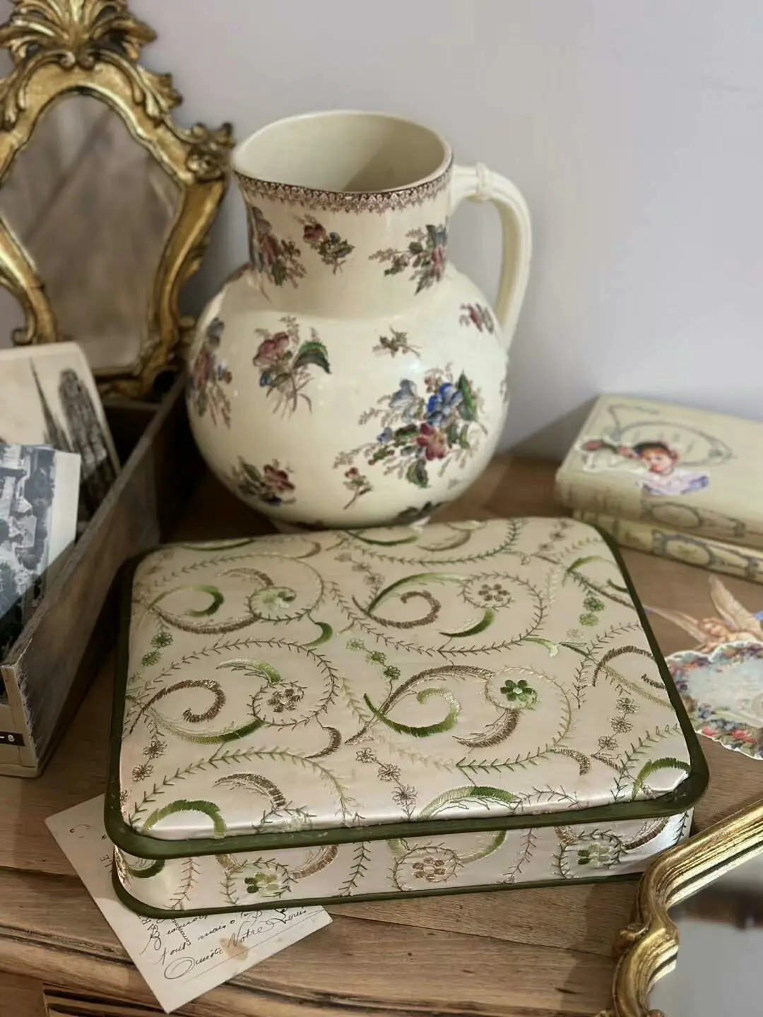 French Vintage Embroidered Fabric Box