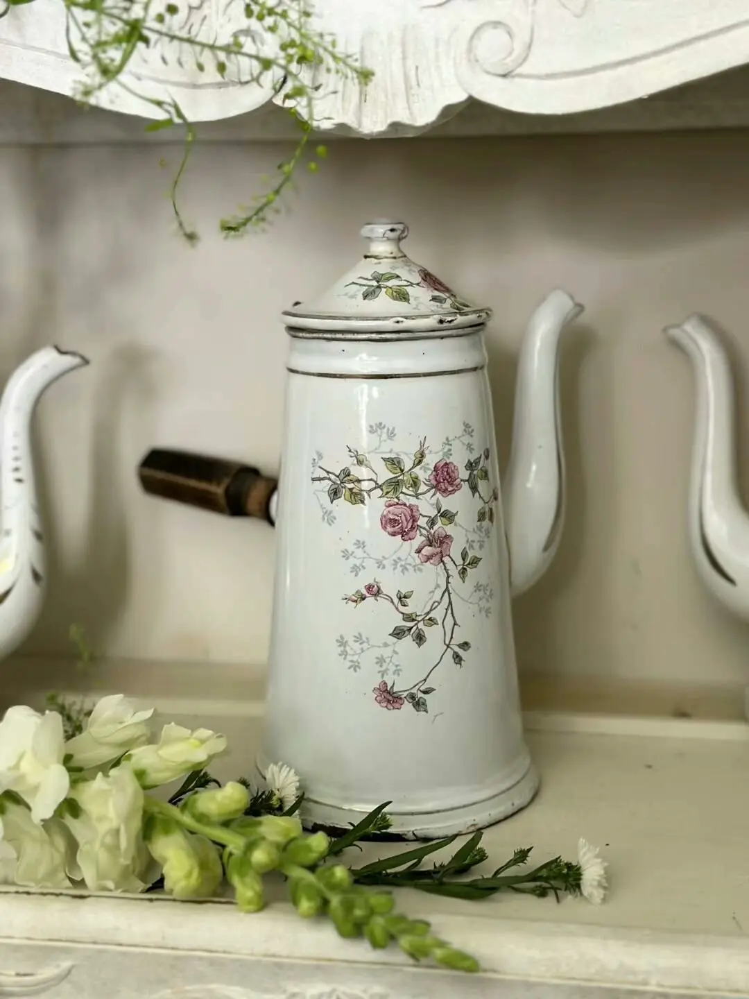 French Antique Rose-Enamel Chocolate/Coffee Pot, 22.5 cm