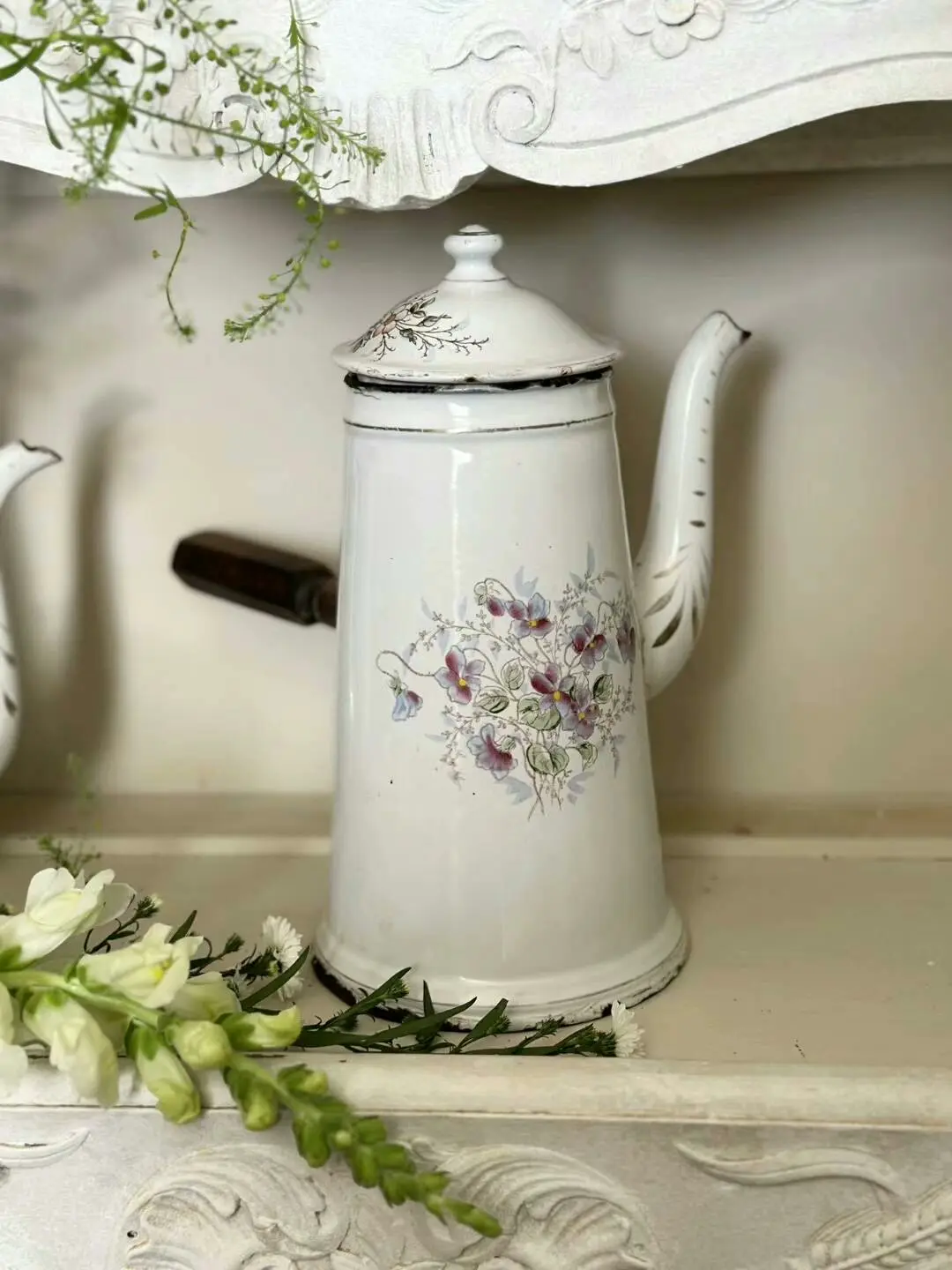Vintage French Enamel Chocolate Pot, 25 cm