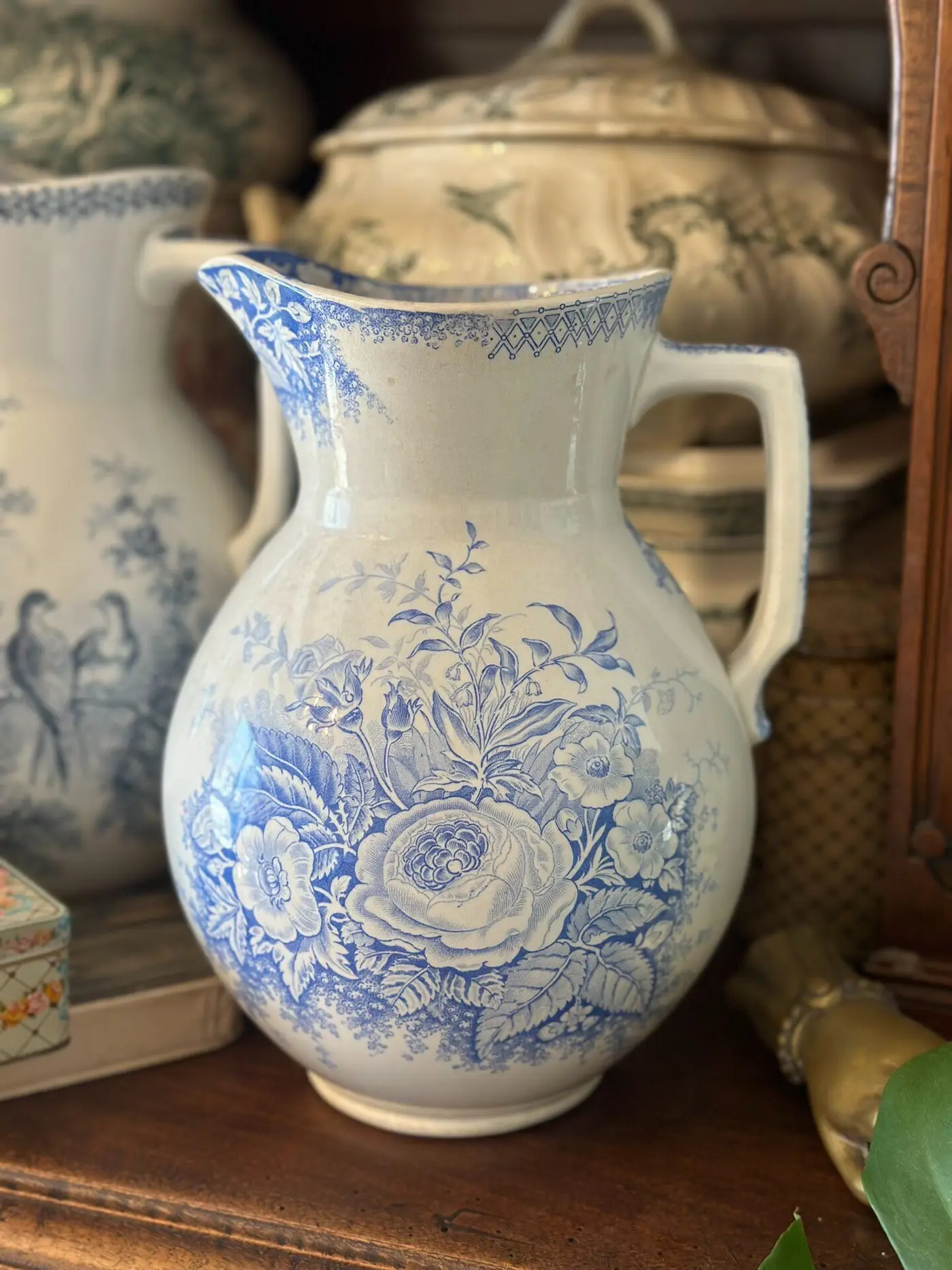 French Antique Sarreguemines Garden Series Pitcher, 1900, Rare Form