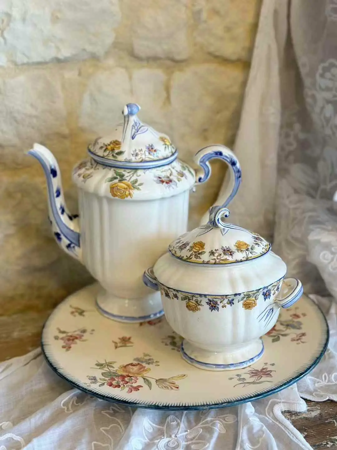 Sarreguemines Rare Rose Teapot and Sugar Bowl Set
