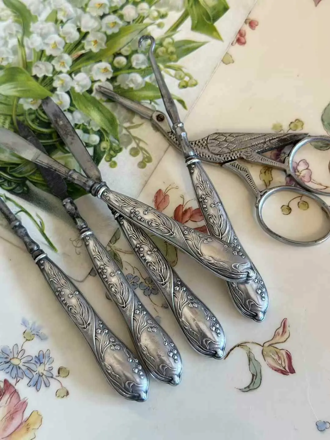 French Antique Pruning Tool Set with Lily-of-the-Valley Handles