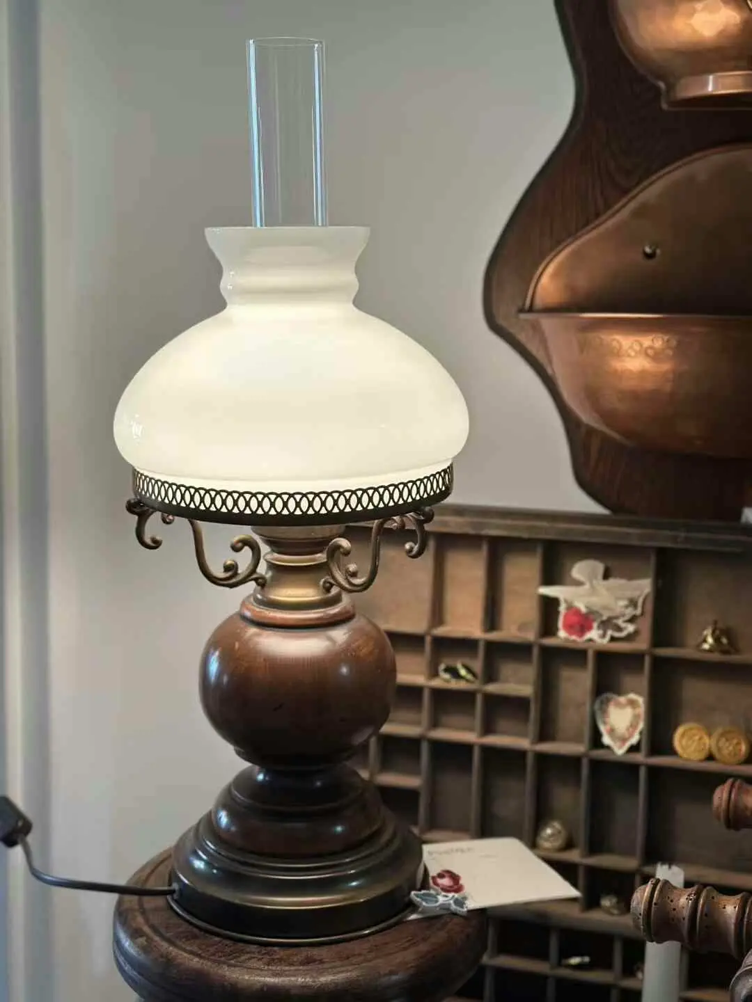 Vintage French Table Lamp with Solid Wood Base and Milk Glass Shade