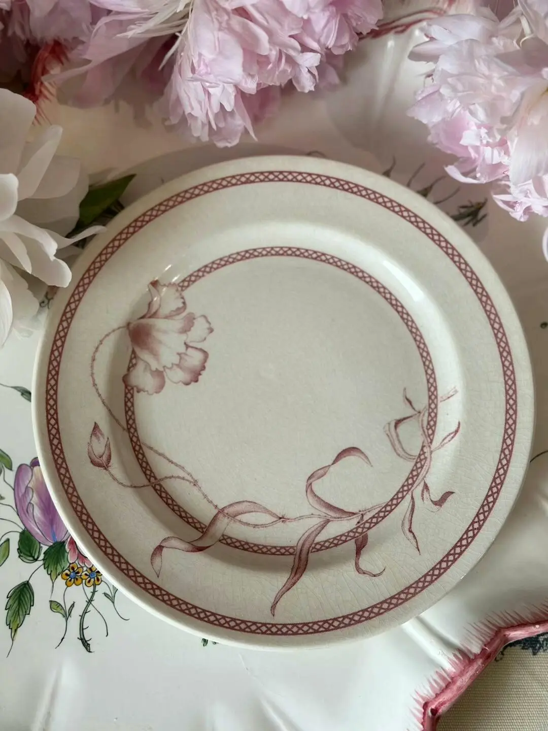 Sarreguemines French Vintage Pink Floral Dessert Plates, 20.3 cm — Set of 6