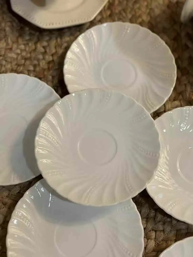 Sarreguemines set of six ribbed relief cup saucers, 14.4 cm