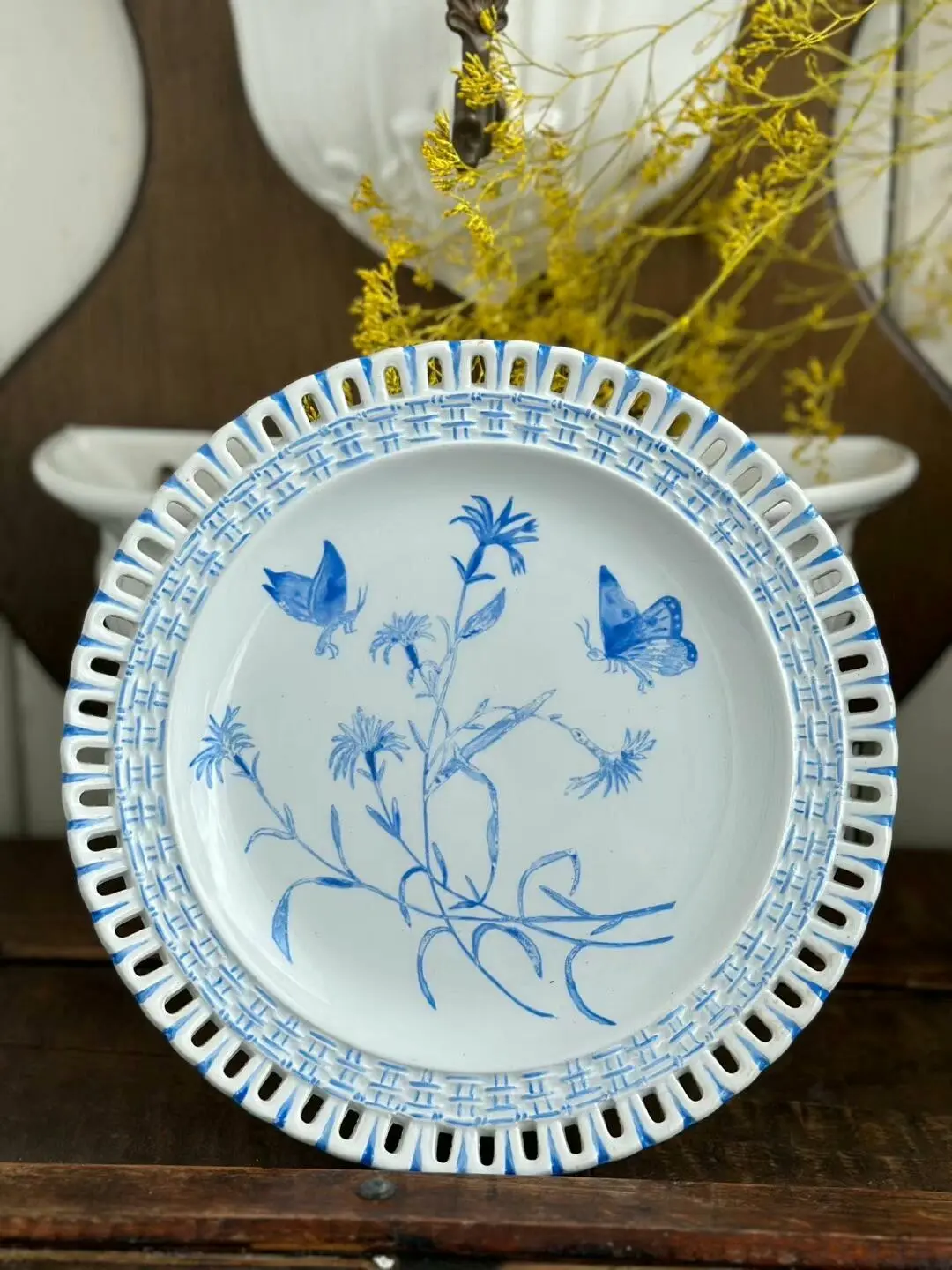 Luneville Late 19th-Century Hand-Painted Reticulated Butterfly and Floral Dessert Plate, Rare