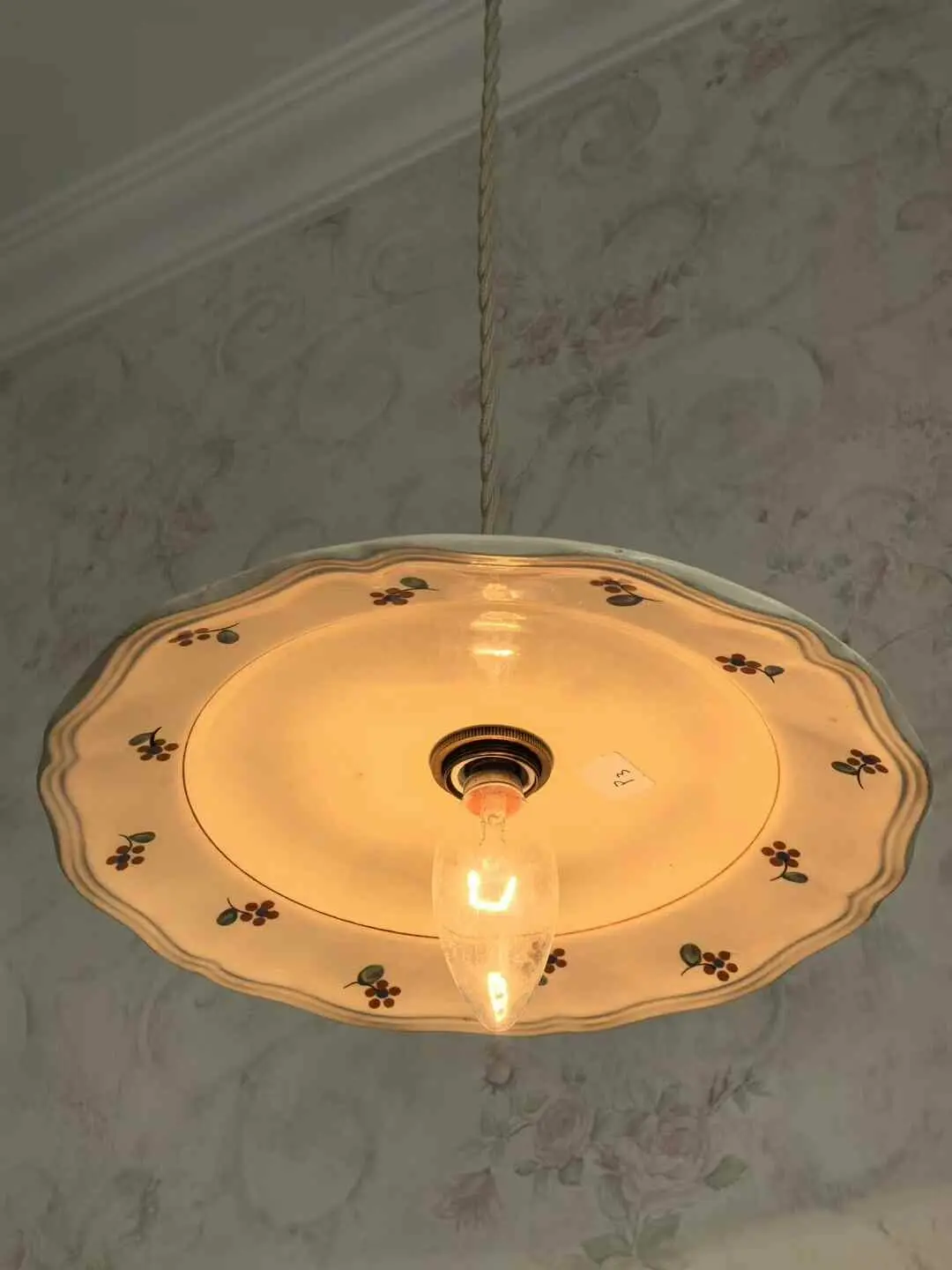 French Sarreguemines Cream Floral Vintage Dish Pendant Light, 24 cm