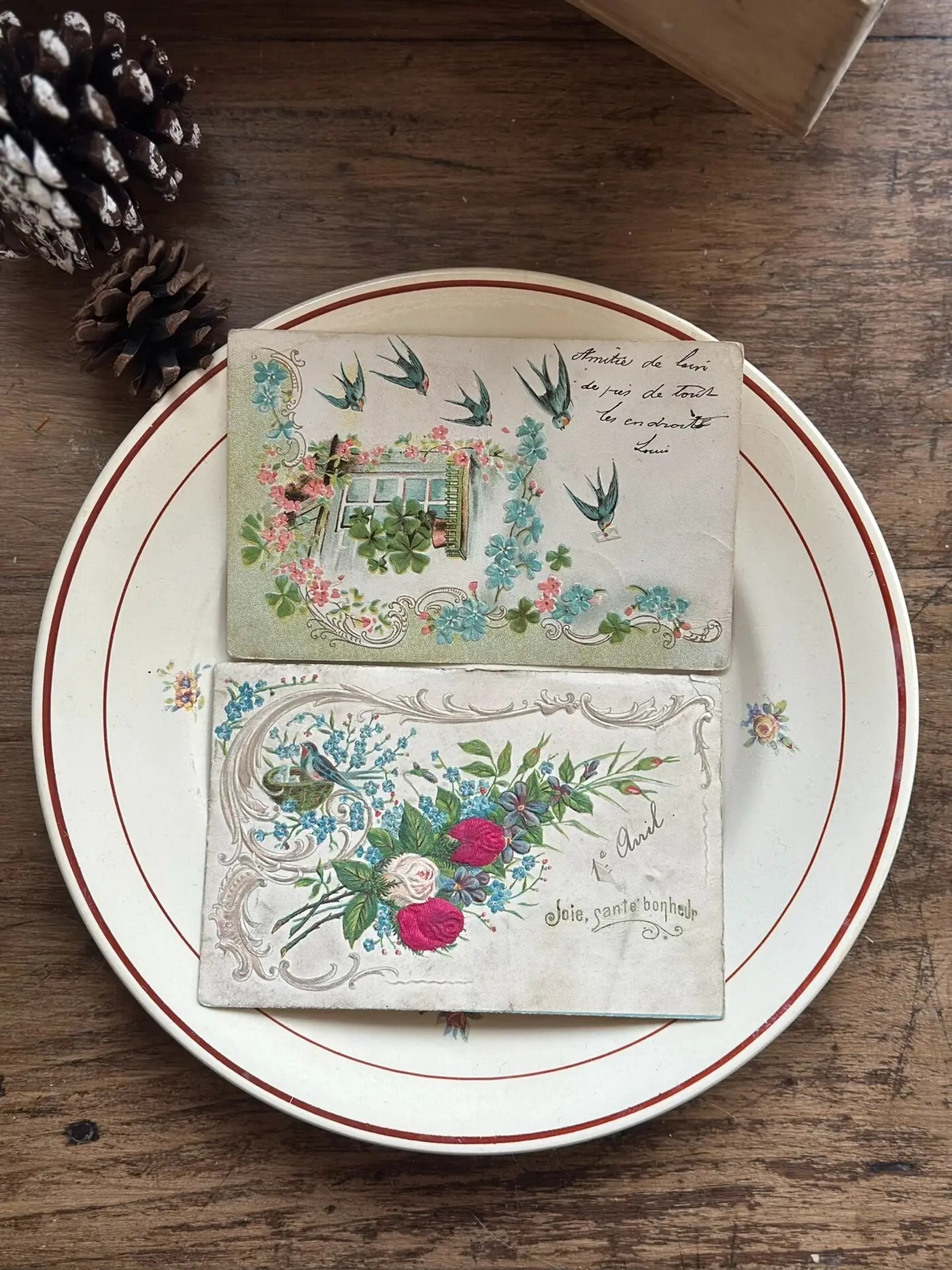 French Antique Embossed Bird and Floral Postcards