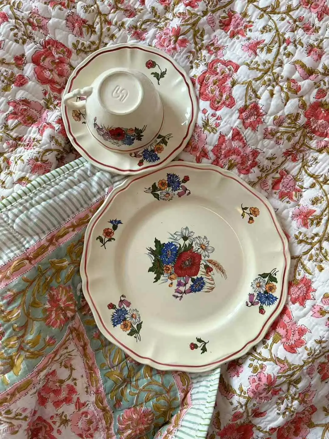 Vintage French Sarreguemines Country Teacup with Saucer and Plate (Set of 3)