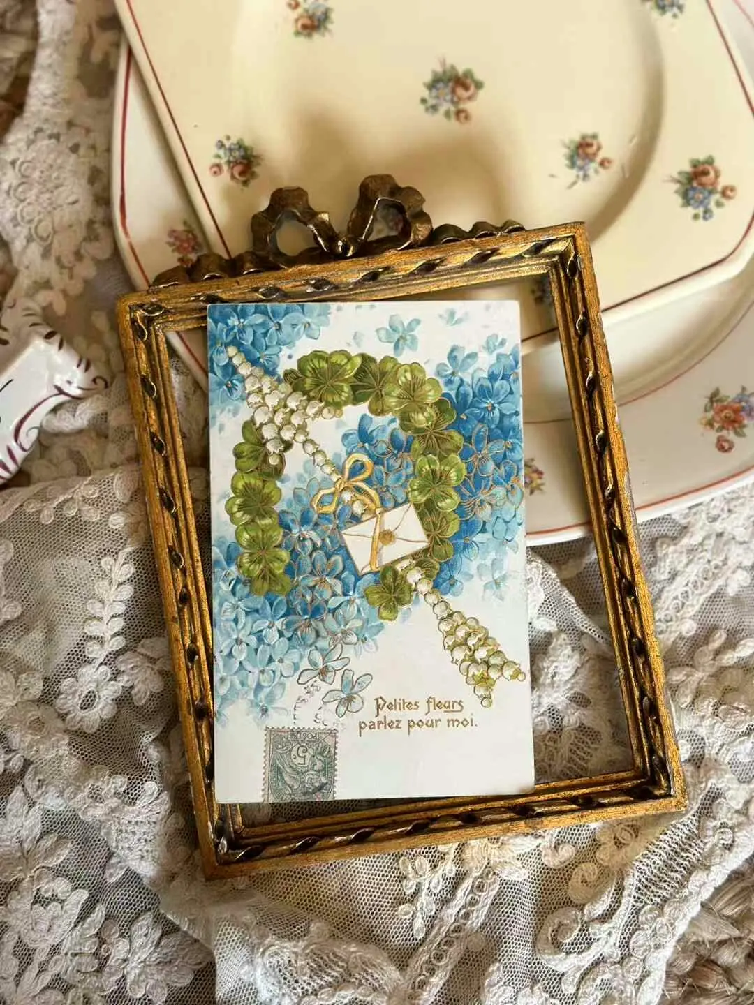 French Antique Postcard No. 7 — Lily of the Valley & Four‑Leaf Clover