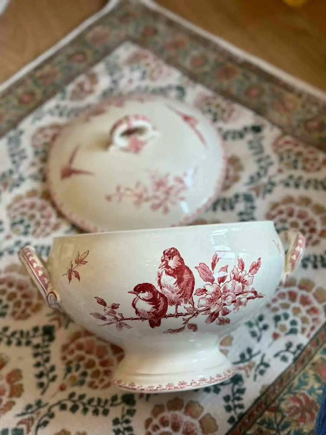 Vintage French Sarreguemines Red-Bird Soup Tureen, 28 cm