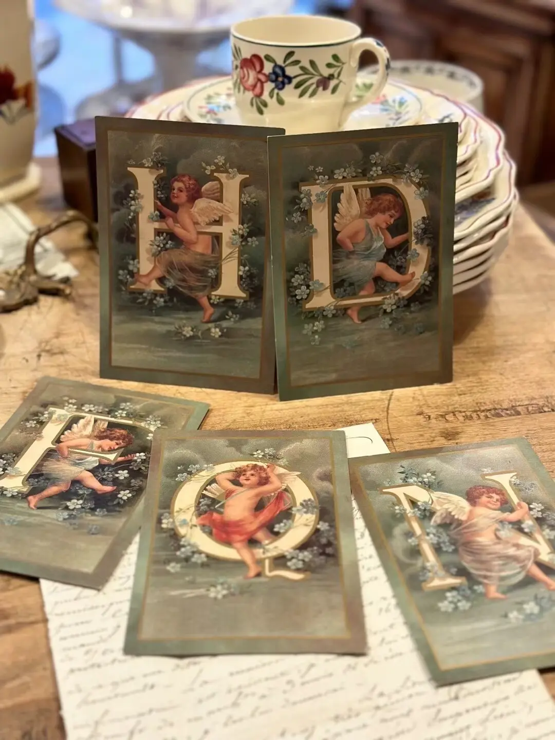 French Vintage Angel Alphabet Postcards, 1970s–80s, Unused