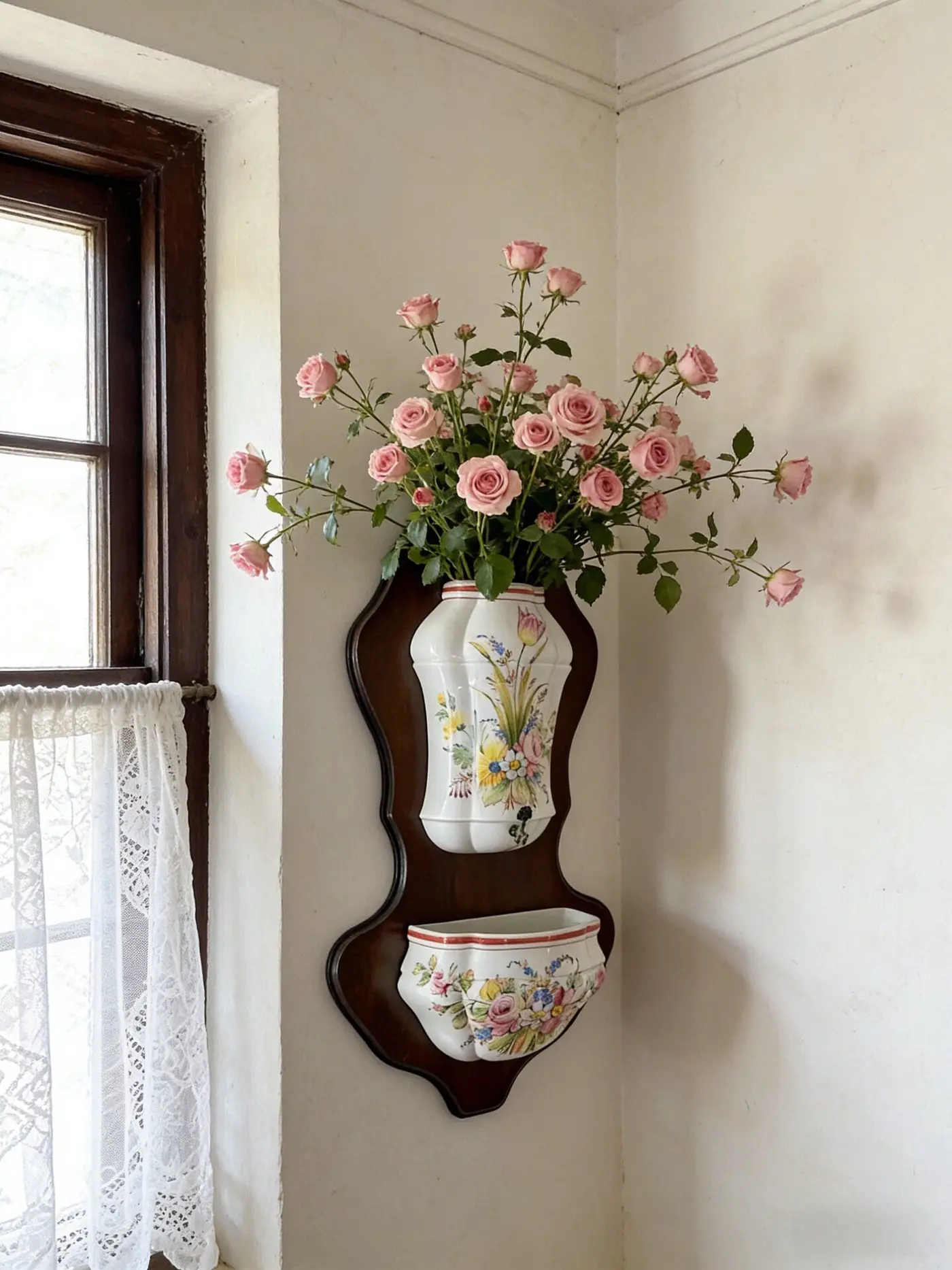 French vintage hand-painted floral wall-mounted Wall Fountain
