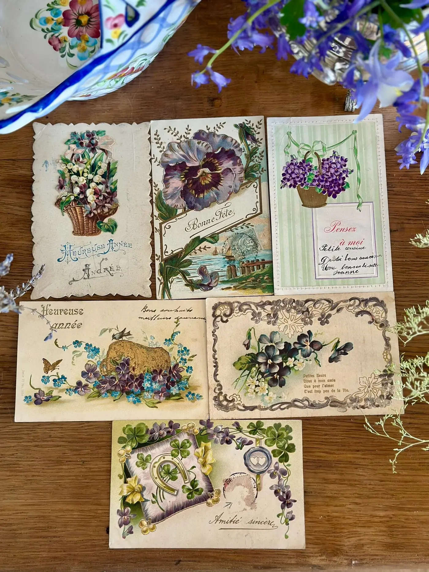 French Vintage Postcards with Floral Stamen Motif — Set 4