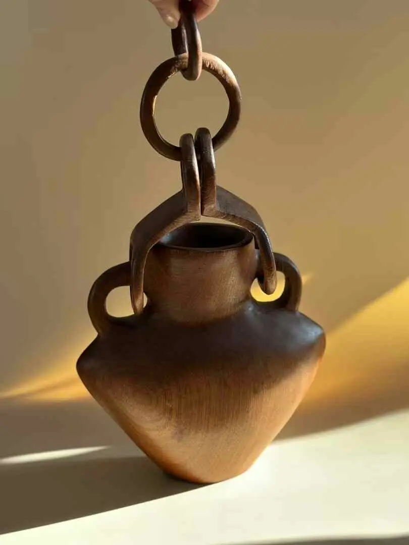 1960s African-Style Hand-Carved Solid Wood Hanging Vase