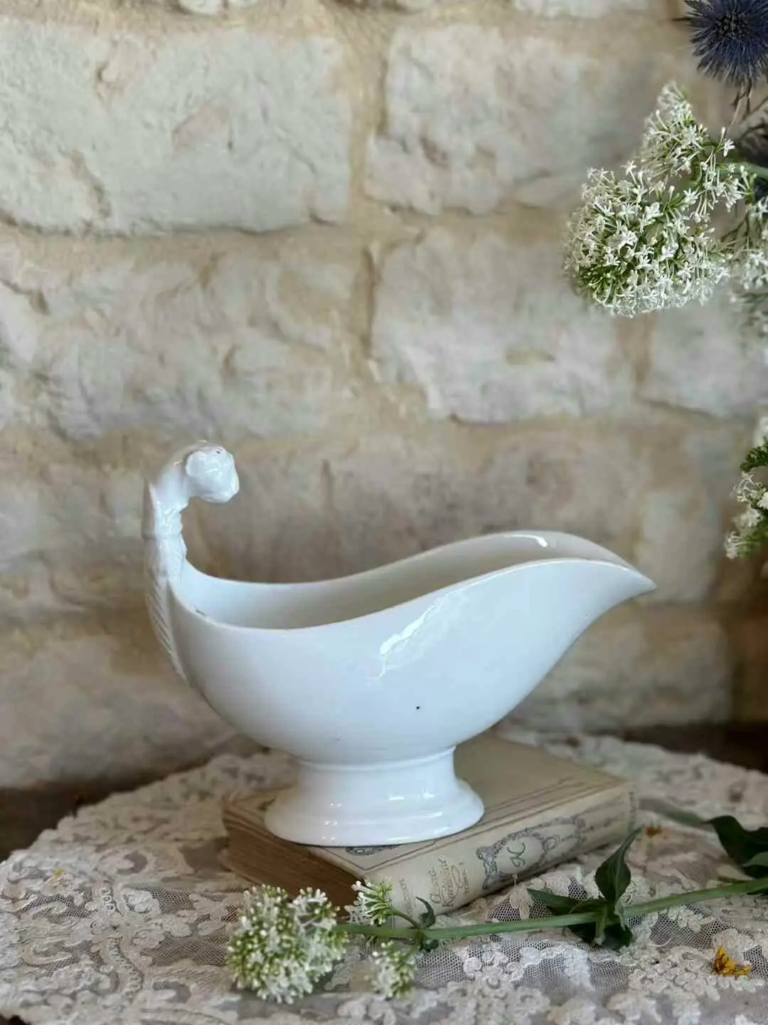 French Vintage White Porcelain Sauce Boat with Leopard-Head Spout, Unmarked