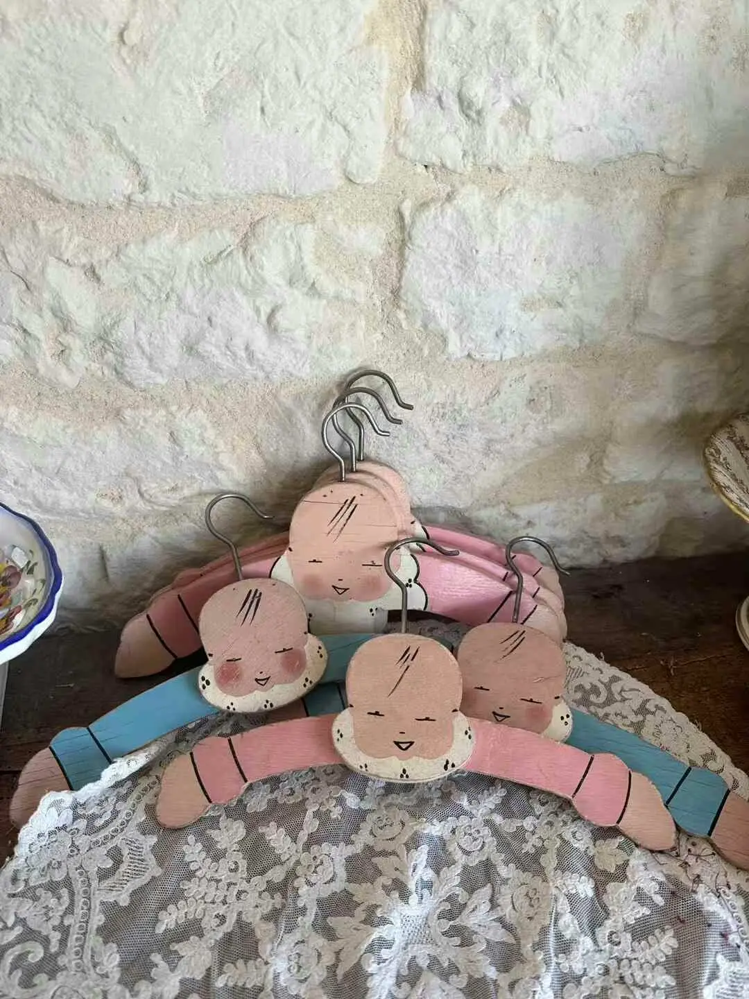 Vintage French Children's Wooden Hangers, Set of 6 — 28 cm