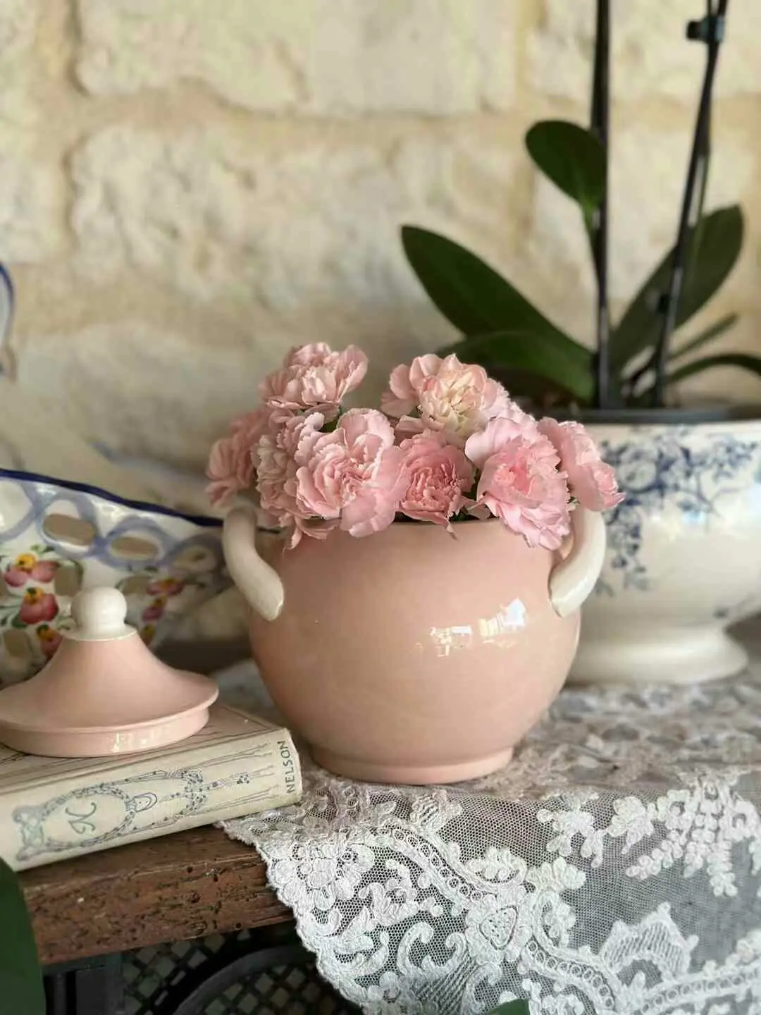 Vintage French Sarreguemines Cream-Pink Sugar Jar