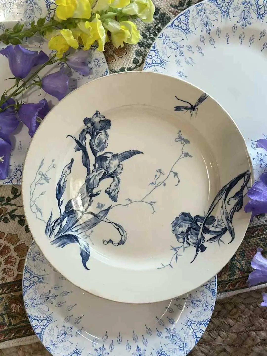 Gien Large Blue Iris Round Plate, French Vintage