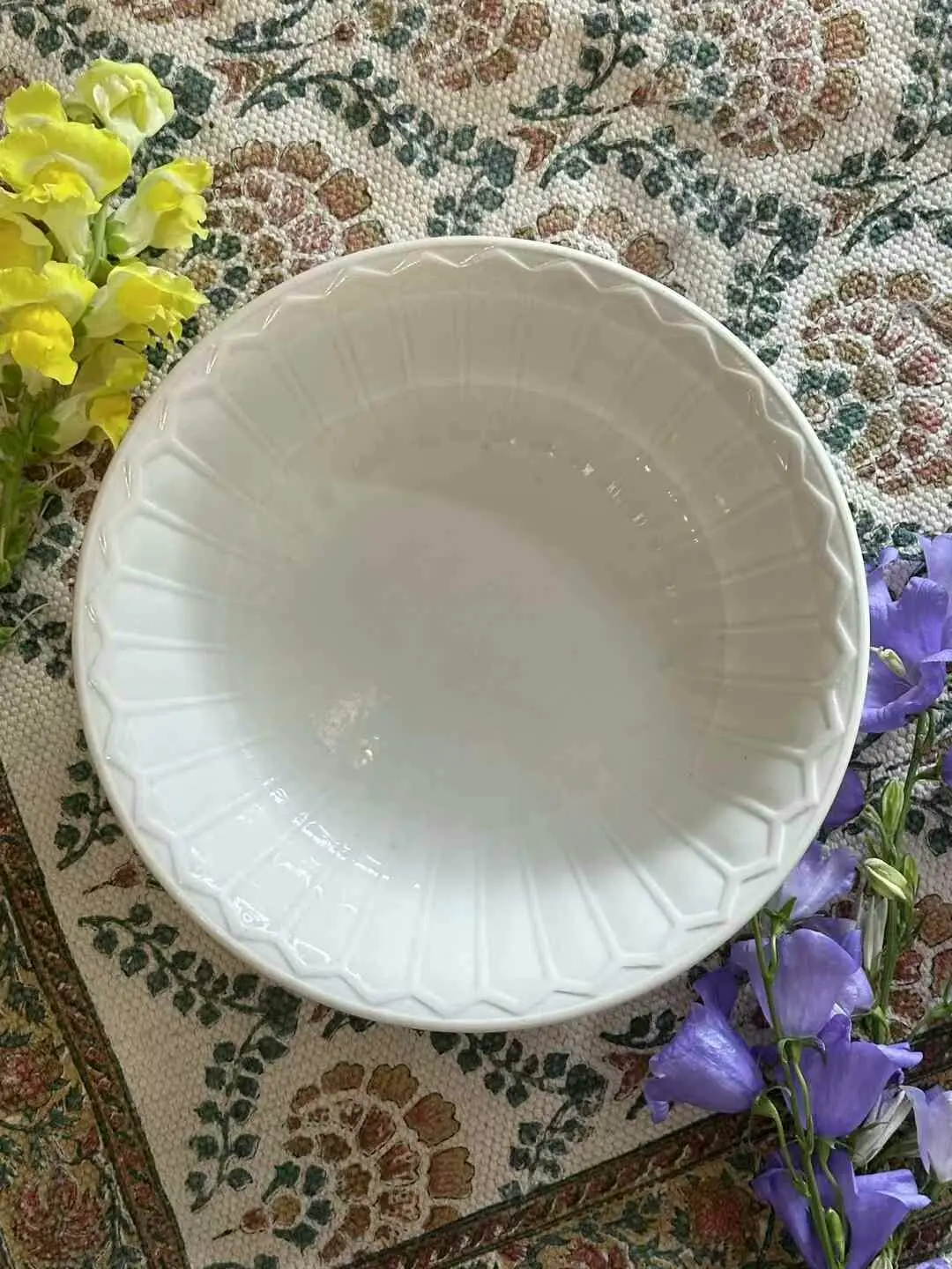 French Vintage Sarreguemines Embossed White Faience Salad Bowl, 26 cm
