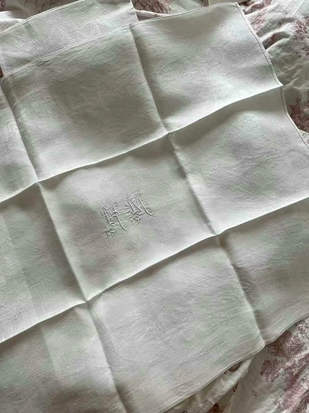 French HM Rose-Embroidered Vintage Napkin