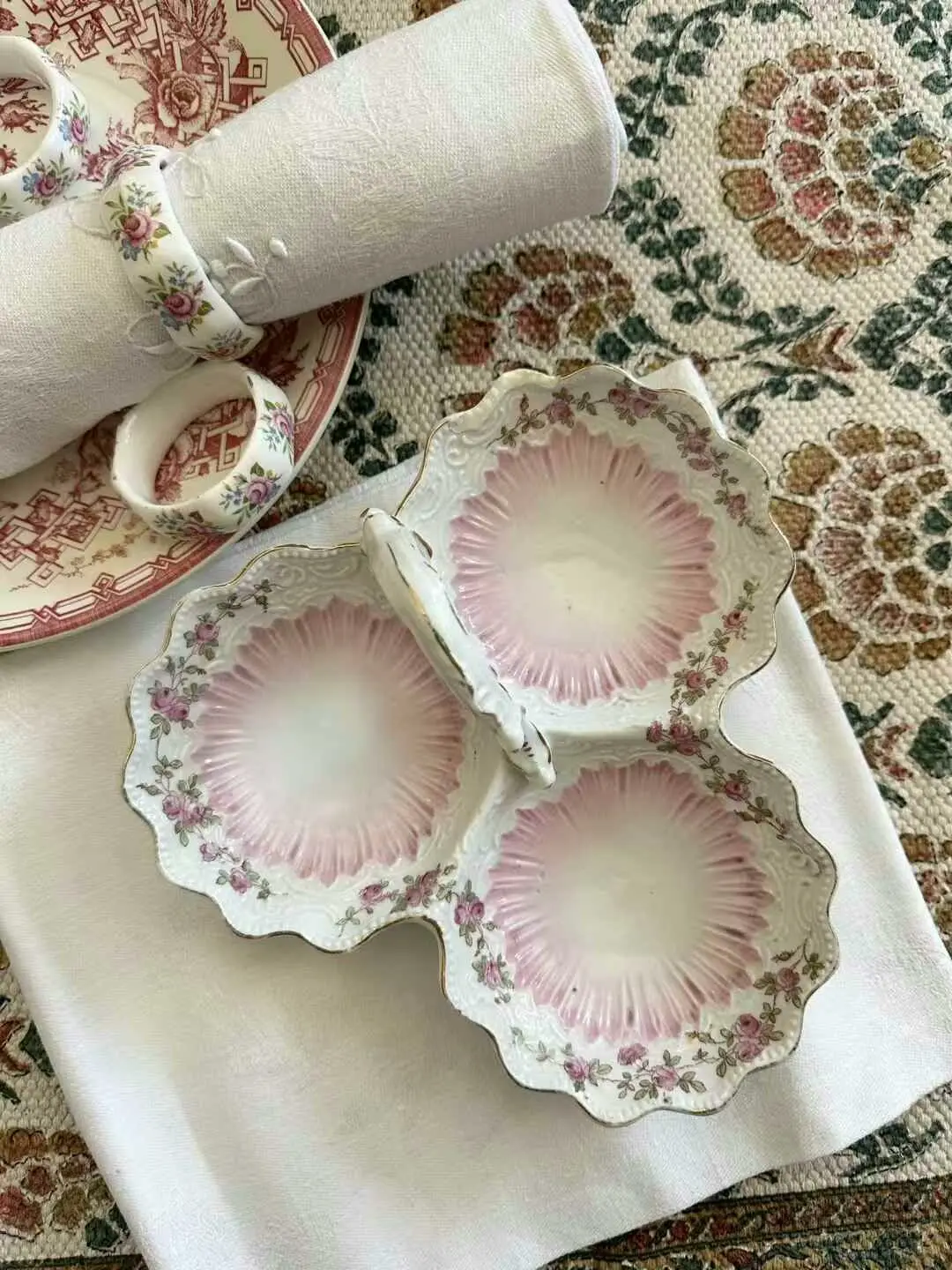 French Vintage Embossed Porcelain Tray with Rose Motif — One-of-a-Kind