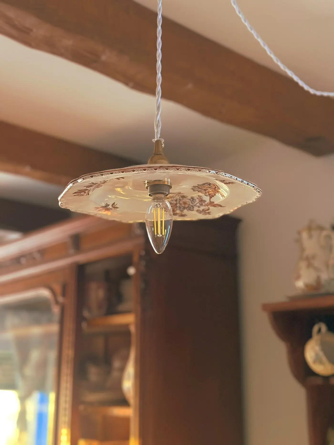 French Vintage Plate Chandelier with Terre de Fer Saxe Floral Pattern