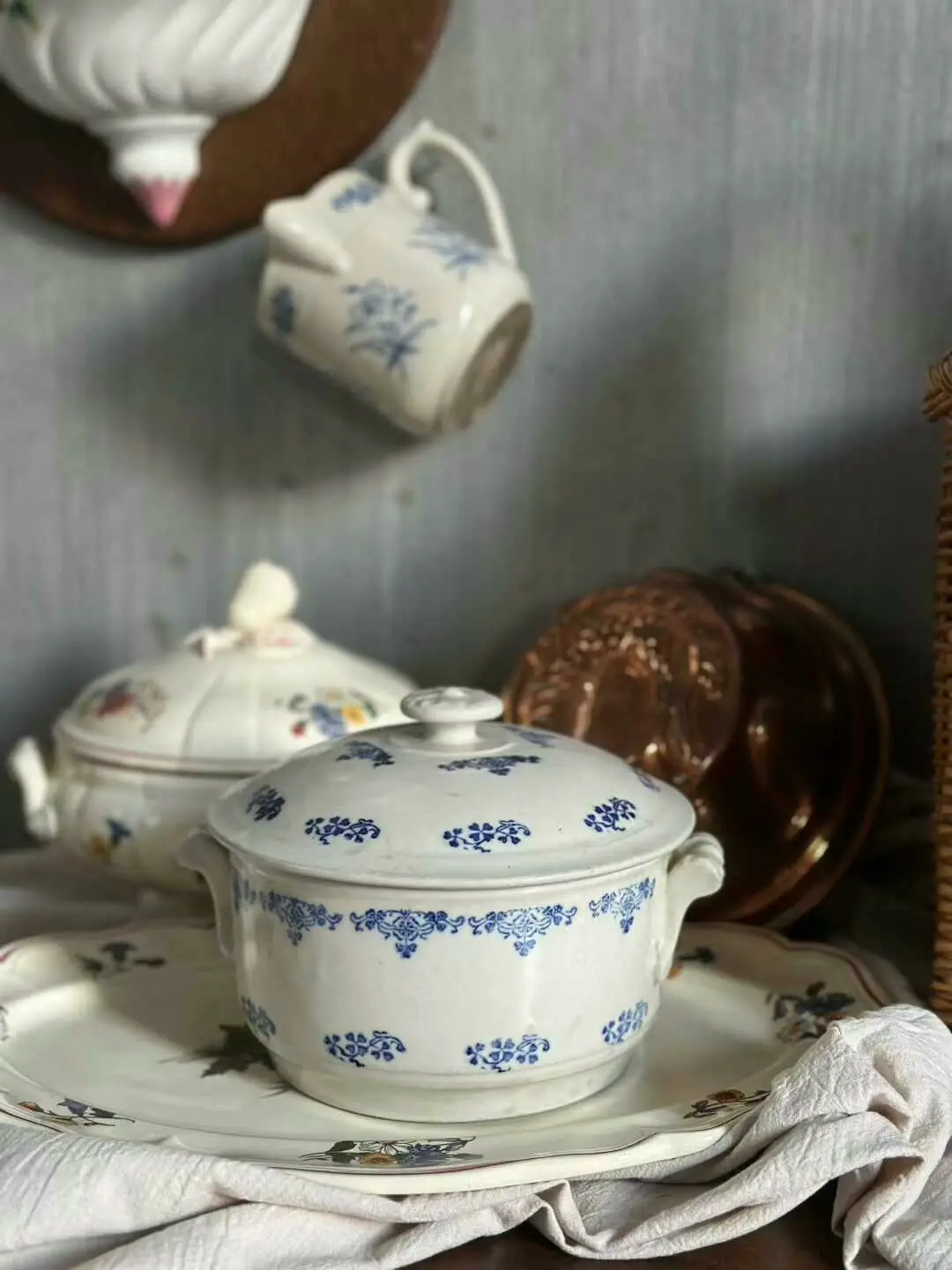 Vintage French Saint-Uze Clover Blue Floral Small Soup Pot