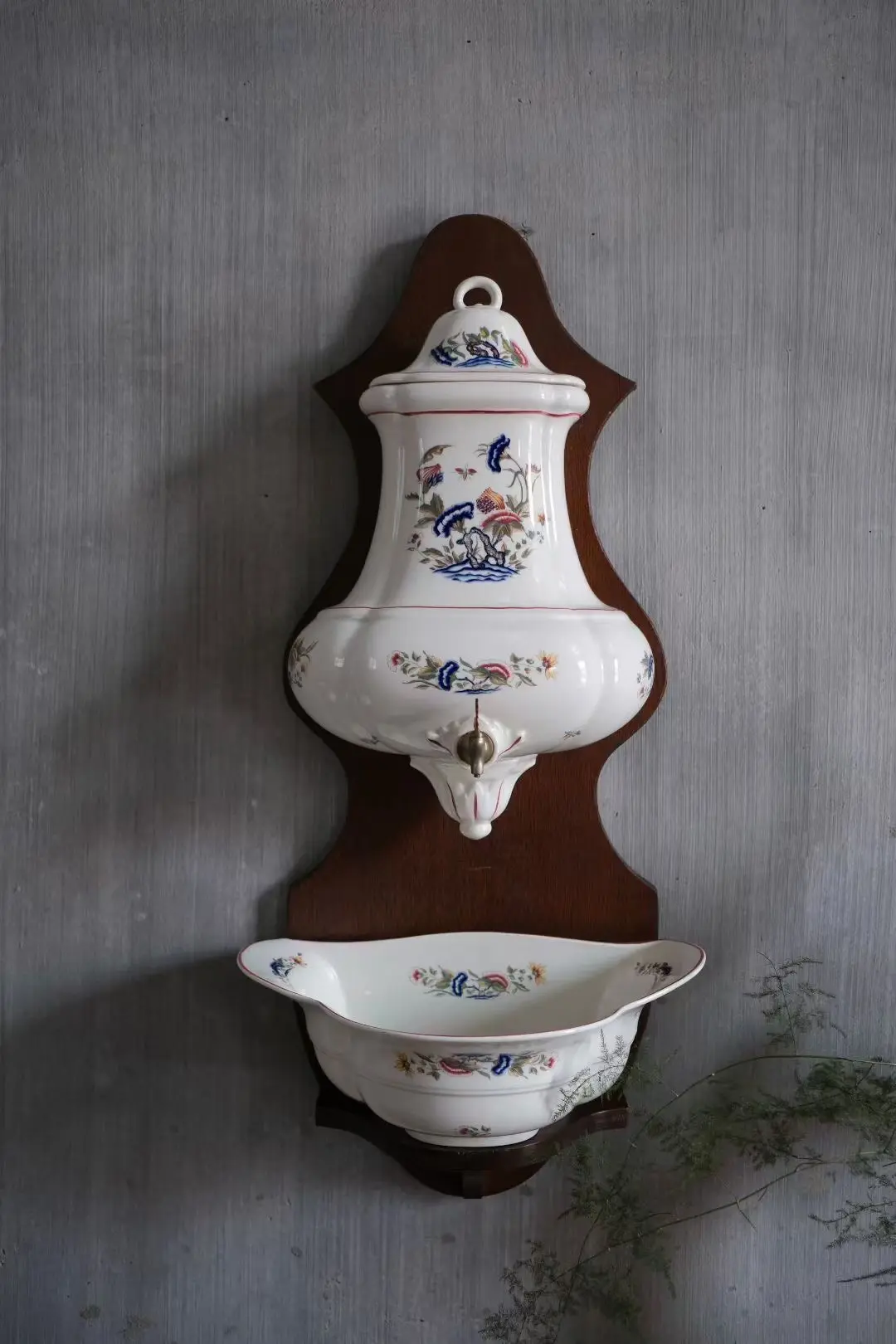 French Vintage Wall Fountain on Wood Panel, 89 x 33.5 cm
