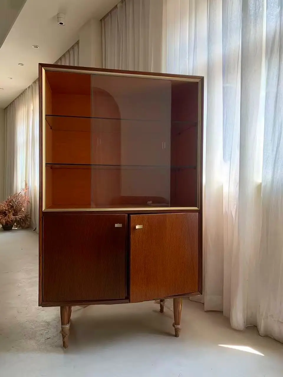 1980s French Vintage Solid Wood and Glass Display Cabinet, Mid-Century Modern