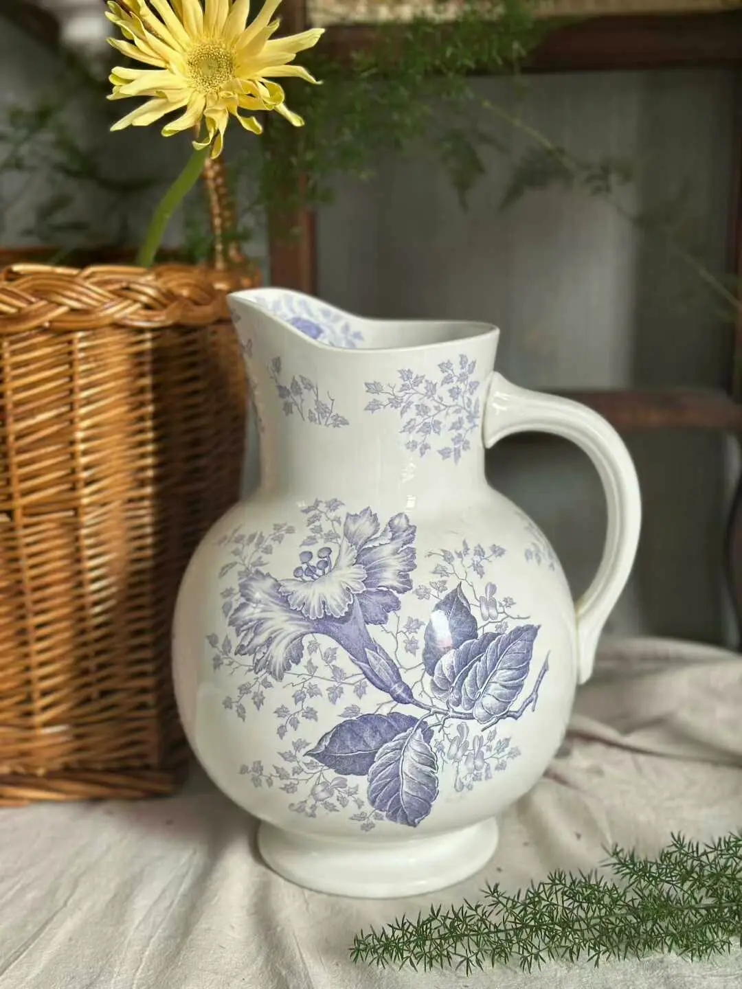 Antique Dutch Maastricht Rare Purple Hibiscus Large Water Jug, 27 cm