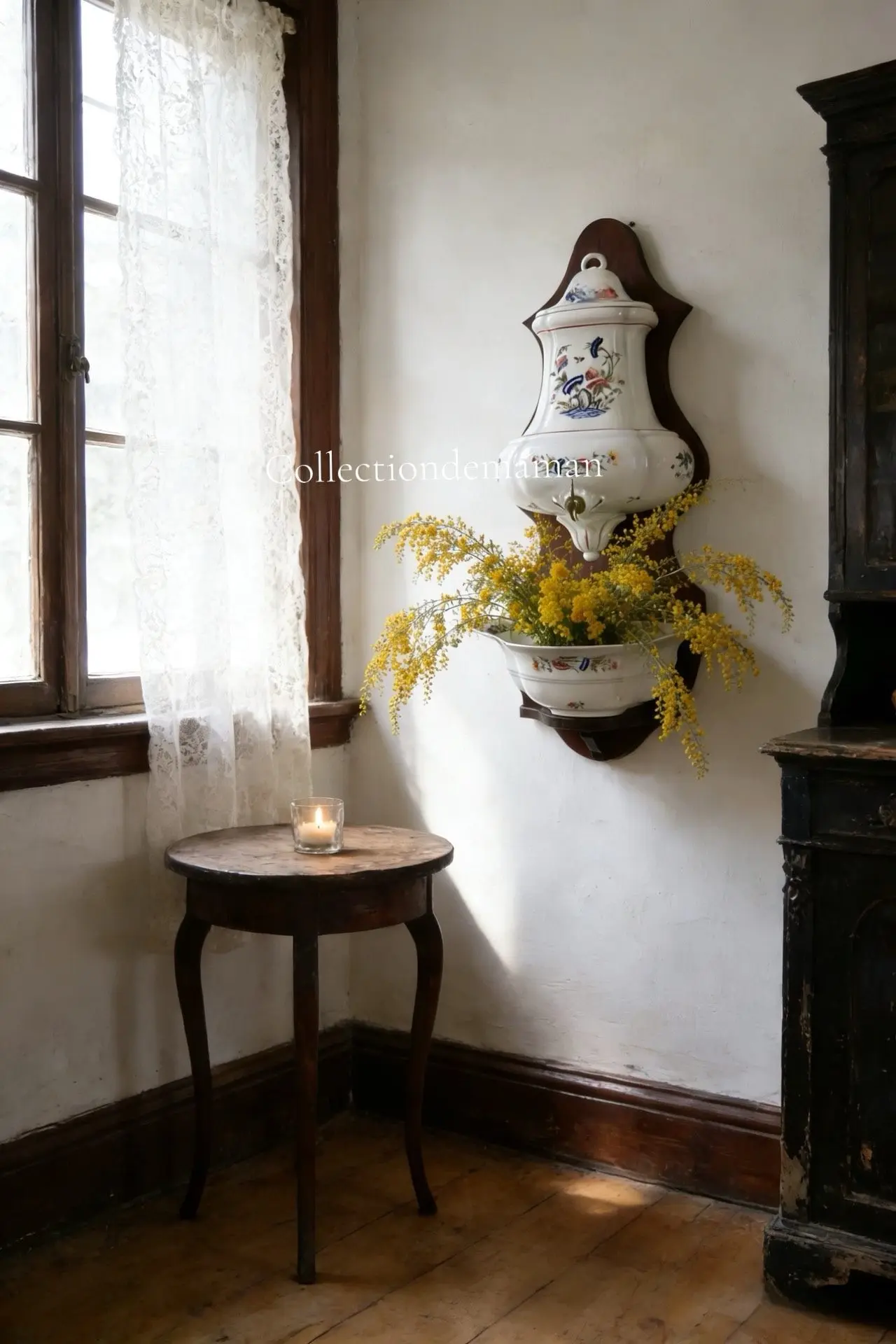 French Vintage Wall-Mounted Wall Fountain with Wooden Backboard, 89 x 33.5 cm