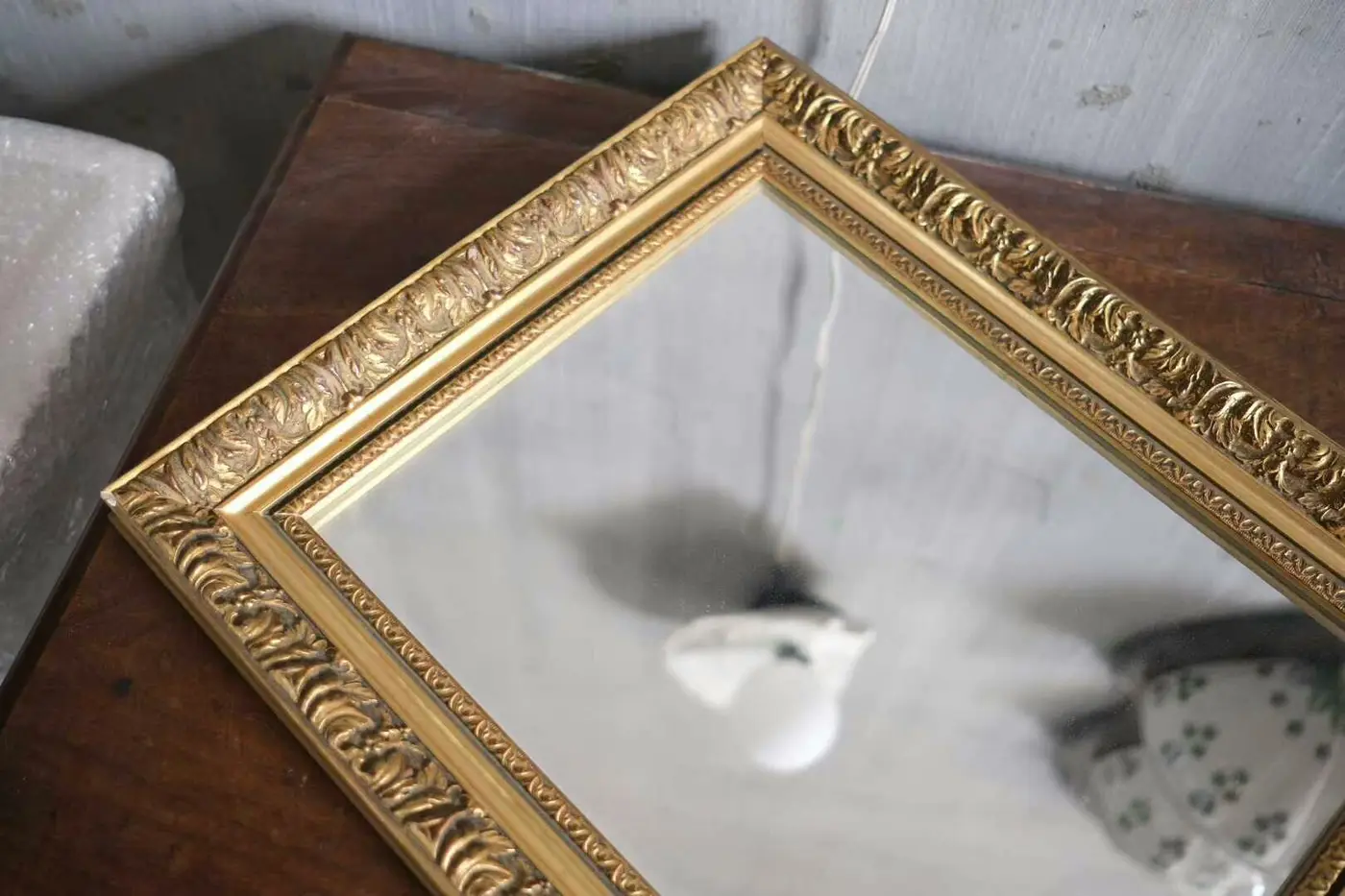French Gilt Antique Mirror, Wooden Frame with Palm-Leaf Plaster Relief