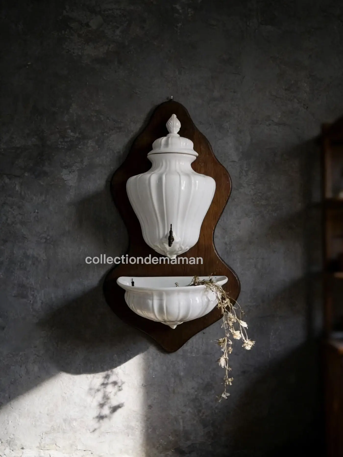 French Vintage Spiral-Pattern White Earthenware Wall Fountain on Wood Board