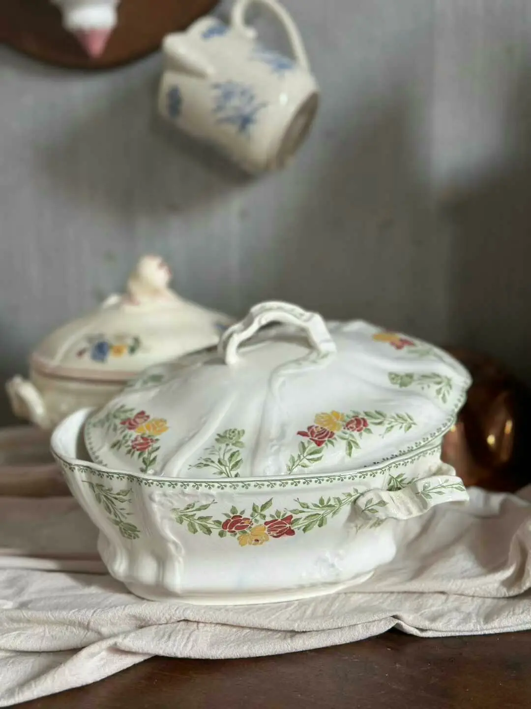 French Vintage Sarreguemines Embossed Hand-Painted Rose Soup Tureen — Rare