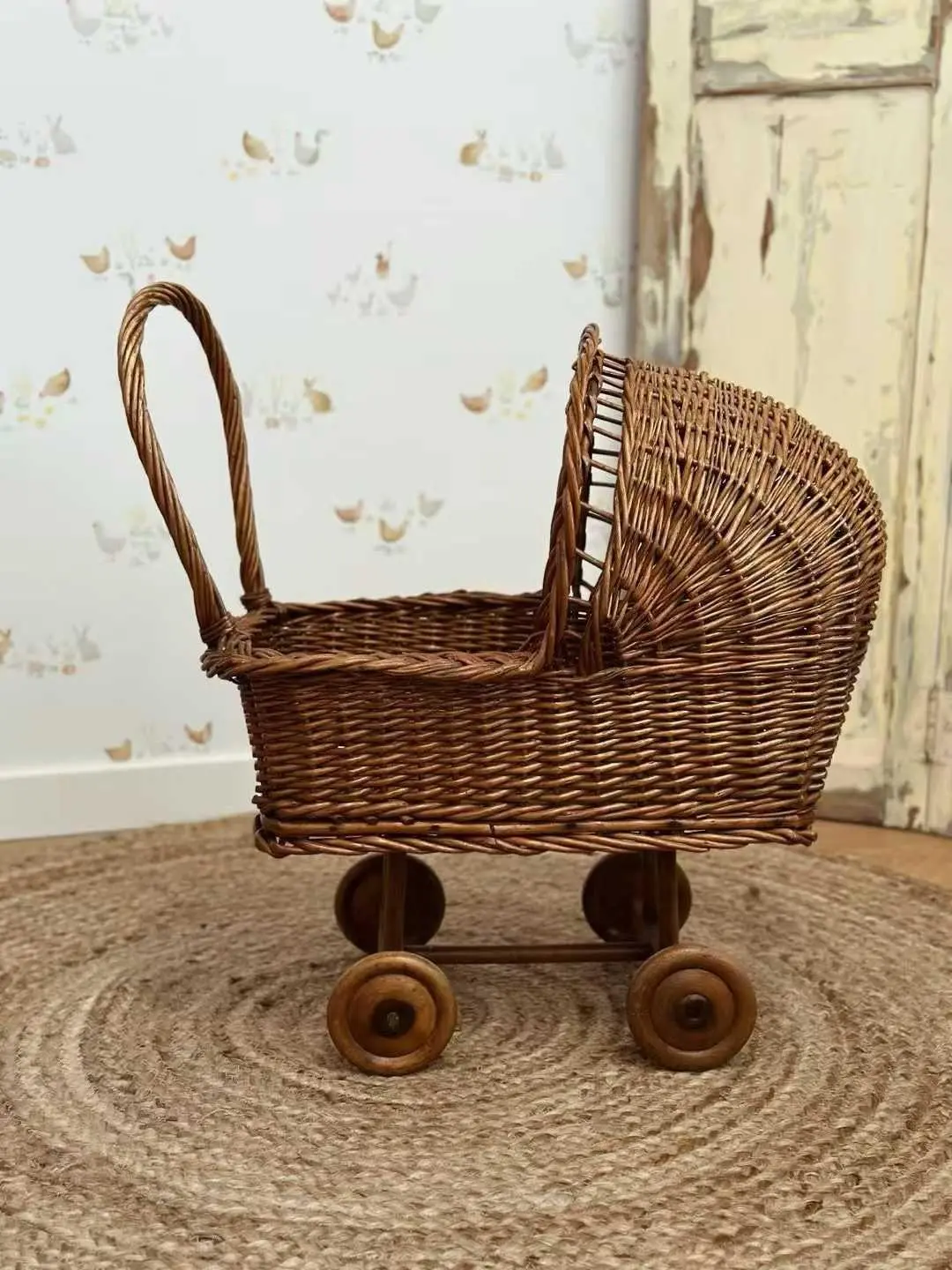 French Vintage Wicker Doll Pram