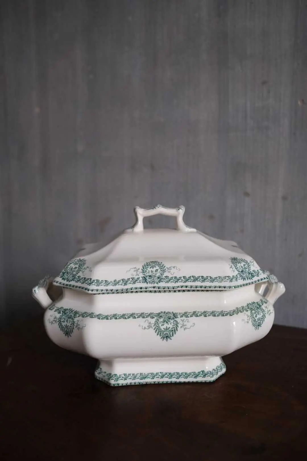 Antique French Longwy Soup Tureen with Rose Garland